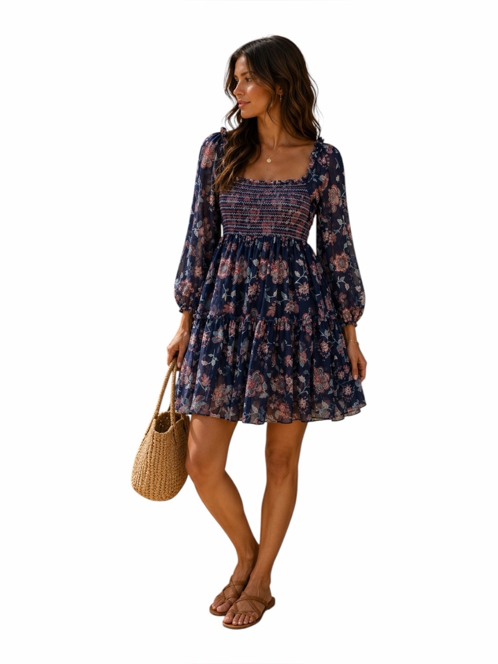 Sachin & Babi Floral Smocked Mini Dress Navy Romantic S